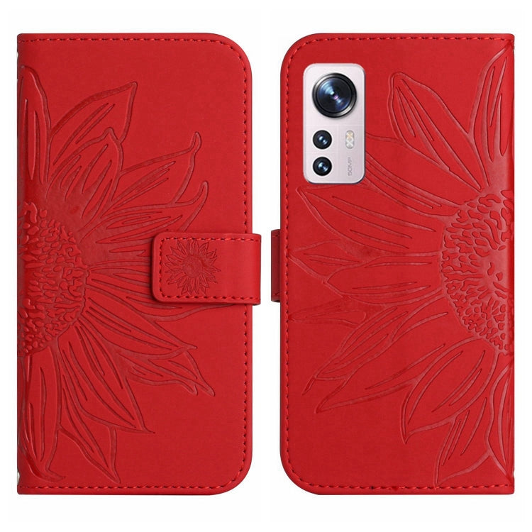 For Xiaomi 12 / 12X Skin Feel Sun Flower Pattern Flip Leather Phone Case with Lanyard(Red) - 12 Cases by buy2fix | Online Shopping UK | buy2fix