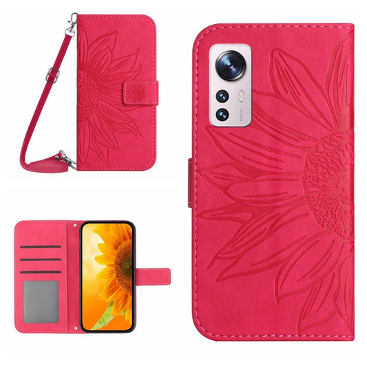 For Xiaomi 12 / 12X Skin Feel Sun Flower Pattern Flip Leather Phone Case with Lanyard(Rose Red) - 12 Cases by buy2fix | Online Shopping UK | buy2fix