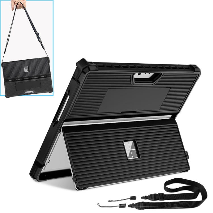 For Microsoft Surface Pro 9 Striped Hollow Tablet Case with Holder Cover and Shoulder Strap(Black) - Others by buy2fix | Online Shopping UK | buy2fix