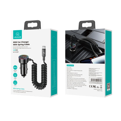 USAMS US-CC167 C33 60W Spring Cable Car Charger with Aperture(Black) - In Car by USAMS | Online Shopping UK | buy2fix