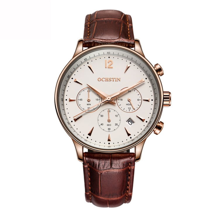 Ochstin 6050A Multifunctional Quartz Men Leather Watch(Rose Gold+Coffee) - Leather Strap Watches by OCHSTIN | Online Shopping UK | buy2fix