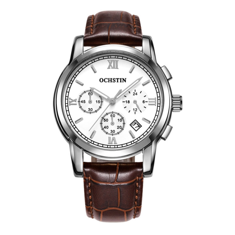 OCHSTIN 6097B Multifunctional Quartz Waterproof Luminous Men Leather Watch(Silver+Coffee) - Leather Strap Watches by OCHSTIN | Online Shopping UK | buy2fix