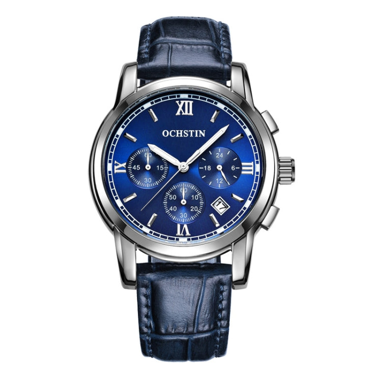 OCHSTIN 6097B Multifunctional Quartz Waterproof Luminous Men Leather Watch(Silver+Blue) - Leather Strap Watches by OCHSTIN | Online Shopping UK | buy2fix