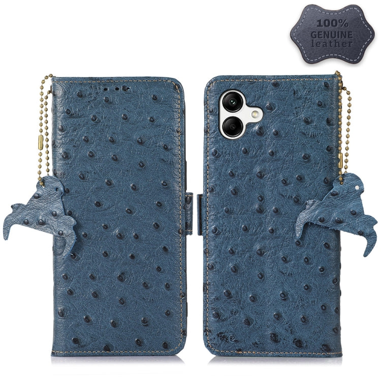 For Samsung Galaxy A04 4G Ostrich Pattern Genuine Leather RFID Phone Case(Blue) - Galaxy Phone Cases by buy2fix | Online Shopping UK | buy2fix