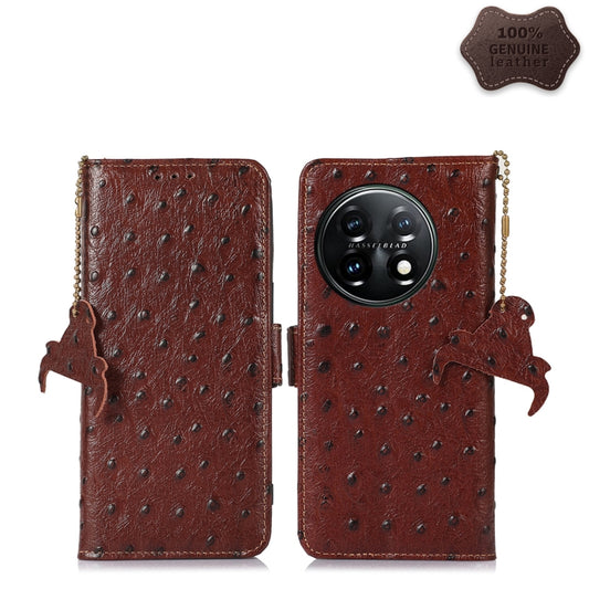 For OnePlus 11 5G Ostrich Pattern Genuine Leather RFID Phone Case(Coffee) - OnePlus Cases by buy2fix | Online Shopping UK | buy2fix