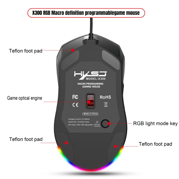 HXSJ X300 7200DPI RGB Backlight Interchangeable Back Cover Hole Gaming Wired Mouse(Black) -  by HXSJ | Online Shopping UK | buy2fix