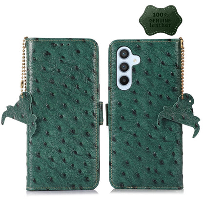 For Samsung Galaxy A14 5G / A14 4G Ostrich Pattern Genuine Leather RFID Phone Case(Green) - Galaxy Phone Cases by buy2fix | Online Shopping UK | buy2fix