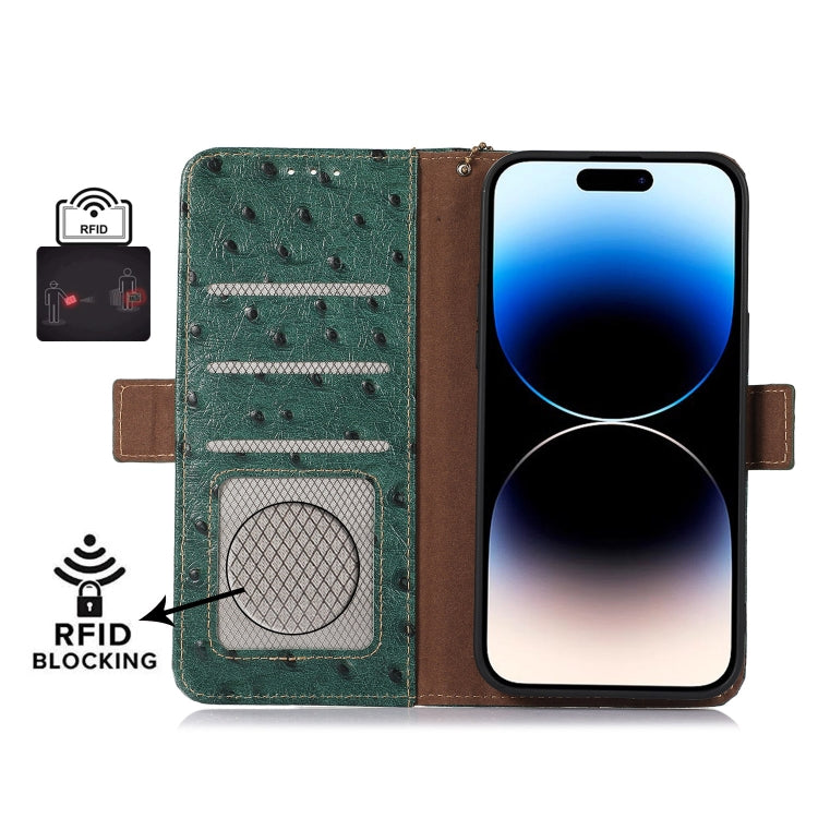 For Samsung Galaxy A14 5G / A14 4G Ostrich Pattern Genuine Leather RFID Phone Case(Green) - Galaxy Phone Cases by buy2fix | Online Shopping UK | buy2fix