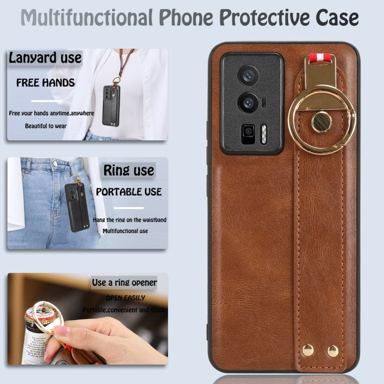 For Xiaomi Redmi K60 / K60 Pro Wristband Leather Back Phone Case(Brown) - Redmi K60 Pro Cases by buy2fix | Online Shopping UK | buy2fix