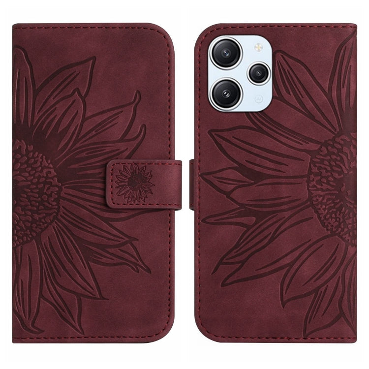 For Xiaomi Redmi 12 4G Global Skin Feel Sun Flower Embossed Flip Leather Phone Case with Lanyard(Wine Red) - Xiaomi Cases by buy2fix | Online Shopping UK | buy2fix