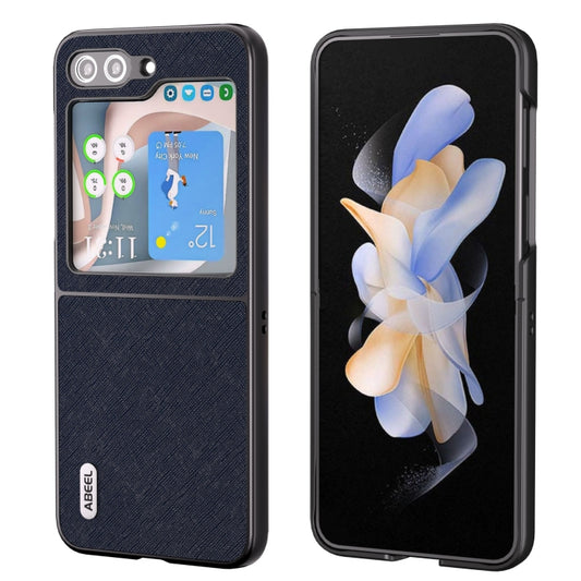 For Samsung Galaxy Z Flip5 ABEEL Cross Texture Genuine Leather Phone Case(Blue) - Galaxy Phone Cases by buy2fix | Online Shopping UK | buy2fix