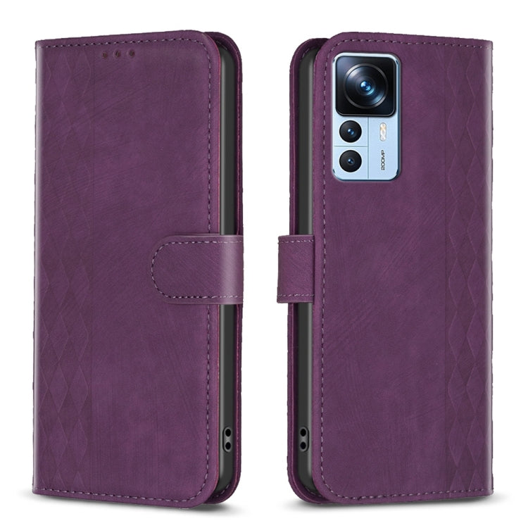 For Xiaomi 12T / 12T Pro Plaid Embossed Leather Phone Case(Purple) - Xiaomi Cases by buy2fix | Online Shopping UK | buy2fix