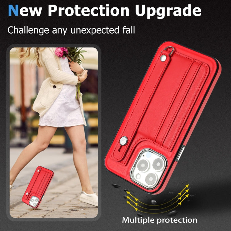 For iPhone 15 Pro Max Shockproof Leather Phone Case with Wrist Strap(Red) - iPhone 15 Pro Max Cases by buy2fix | Online Shopping UK | buy2fix