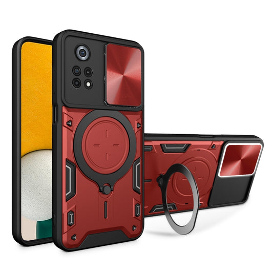 For Xiaomi Poco X4 Pro 5G CD Texture Sliding Camshield Magnetic Holder Phone Case(Red) - Poco X4 Pro 5G Cases by buy2fix | Online Shopping UK | buy2fix