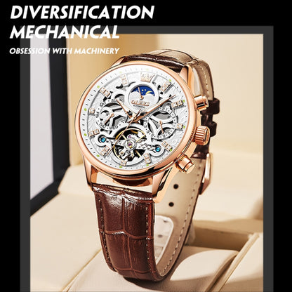 OLEVS 6658 Men Luminous Waterproof Leather Strap Mechanical Watch(White + Rose Gold) - Leather Strap Watches by OLEVS | Online Shopping UK | buy2fix