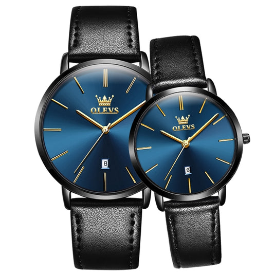 OLEVS 5869 1 Pair Couple Waterproof Genuine Leather Strap Quartz Watch(Blue + Black) - Couple Watches by buy2fix | Online Shopping UK | buy2fix