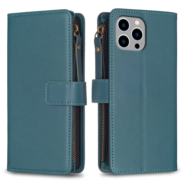 For iPhone 15 Pro Max 9 Card Slots Zipper Wallet Leather Flip Phone Case(Green) - iPhone 15 Pro Max Cases by buy2fix | Online Shopping UK | buy2fix