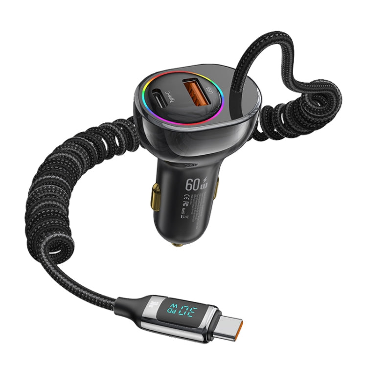 USAMS US-CC192 C37 60W Type-C+USB Dual Port Car Charger with Digital Display 30W Type-C Spring Data Cable(Tarnish) - Car Charger by USAMS | Online Shopping UK | buy2fix