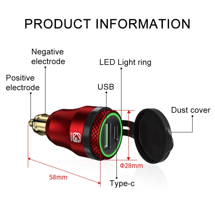 Motorcycle European-style Small-caliber Aluminum Alloy QC 3.0 + PD Fast Charge USB Charger, Shell Color:Red(Green Light) - In Car by buy2fix | Online Shopping UK | buy2fix