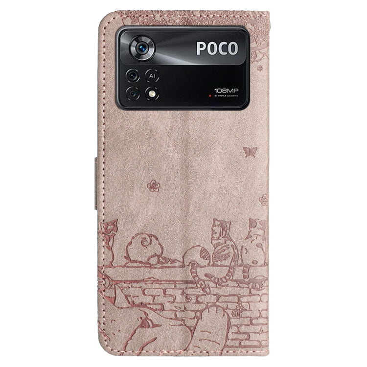For Xiaomi Poco X4 Pro 5G Cat Embossing Pattern Leather Phone Case with Lanyard(Grey) - Poco X4 Pro 5G Cases by buy2fix | Online Shopping UK | buy2fix