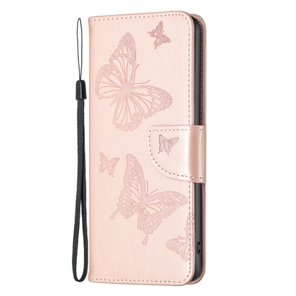 For iPhone 15 Plus Embossing Two Butterflies Pattern Leather Phone Case(Rose Gold) - iPhone 15 Plus Cases by buy2fix | Online Shopping UK | buy2fix