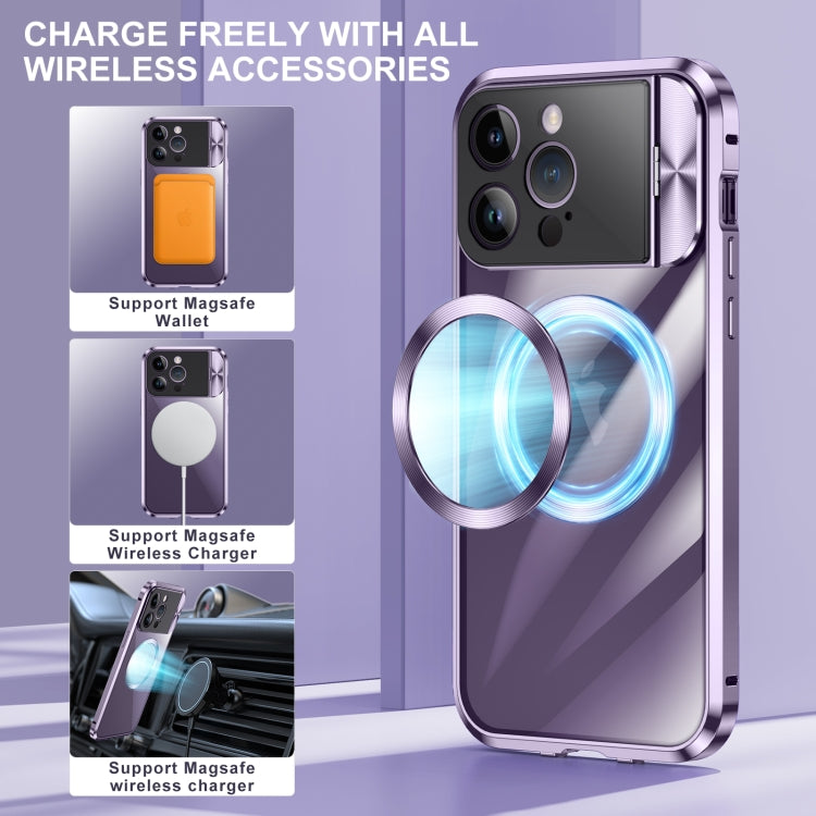 For iPhone 13 Large Window Holder MagSafe Magnetic Metal Phone Case(Purple) - iPhone 13 Cases by buy2fix | Online Shopping UK | buy2fix