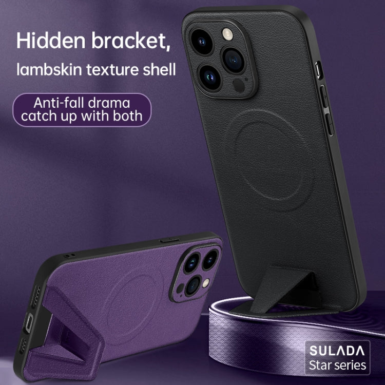 For iPhone 14 Pro Max SULADA Folding Holder Lambskin Texture MagSafe Phone Case(Purple) - iPhone 14 Pro Max Cases by SULADA | Online Shopping UK | buy2fix
