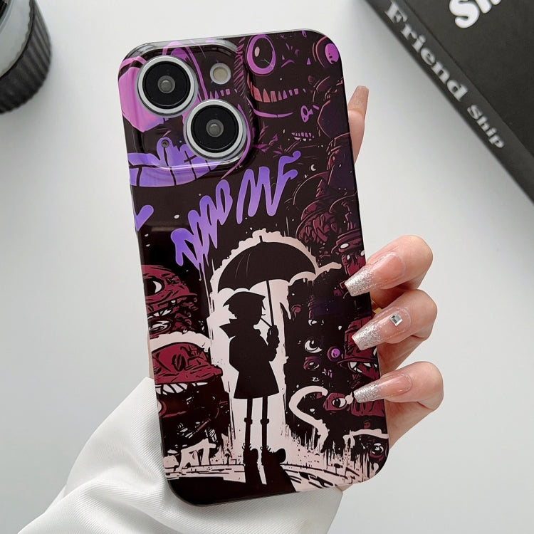 For iPhone 15 Painted Pattern Precise Hole PC Phone Case(Black Purple Umbrella Boy) - iPhone 15 Cases by buy2fix | Online Shopping UK | buy2fix