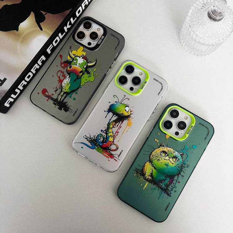 For iPhone 15 Pro Max Double Layer Color Silver Series Animal Oil Painting Phone Case(Green Dog) - iPhone 15 Pro Max Cases by buy2fix | Online Shopping UK | buy2fix