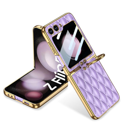 For Samsung Galaxy Z Flip5 GKK Integrated Plating Diamond Texture PU Phone Case with Ring(Purple) - Galaxy Z Flip5 Cases by GKK | Online Shopping UK | buy2fix