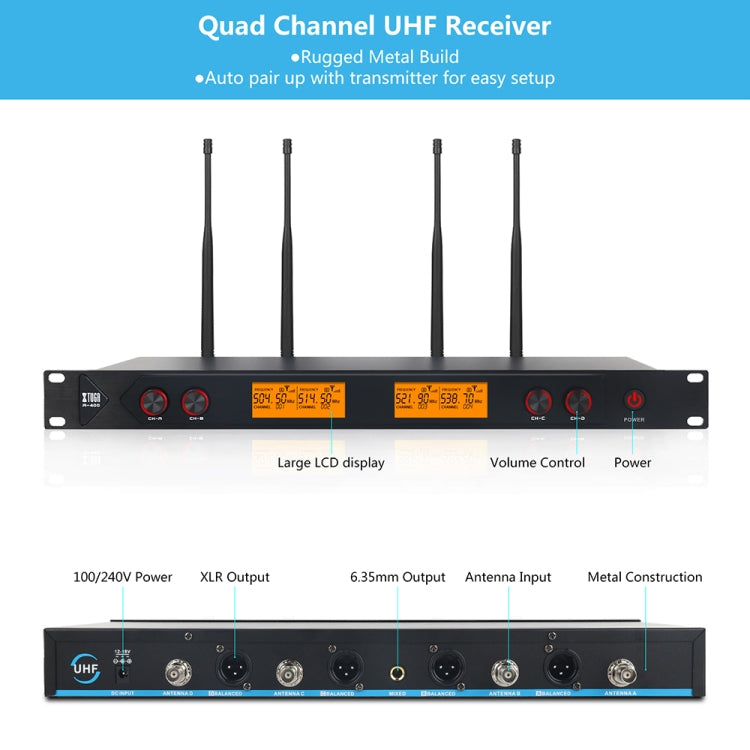 XTUGA A400-H Professional 4-Channel UHF Wireless Microphone System with 4 Handheld Microphone(EU Plug) - Microphone by XTUGA | Online Shopping UK | buy2fix