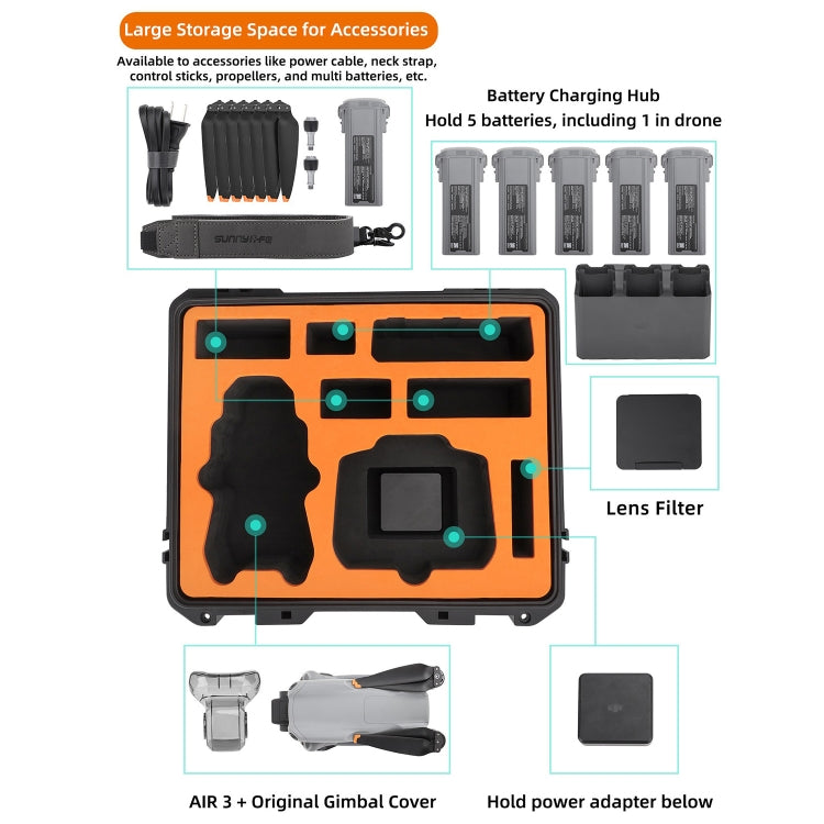 For DJI Air 3 Sunnylife Safety Carrying Case Large Capacity Waterproof Shock-proof Hard Travel Case Multi-battery Flying Version - Backpacks & Bags by Sunnylife | Online Shopping UK | buy2fix