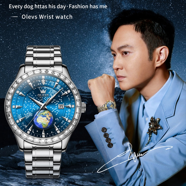 OLEVS 9967 Men Starry Sky Face Diamond Bezel Quartz Watch(Blue Steel Strap) - Leather Strap Watches by OLEVS | Online Shopping UK | buy2fix