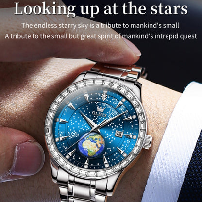 OLEVS 9967 Men Starry Sky Face Diamond Bezel Quartz Watch(Blue Steel Strap) - Leather Strap Watches by OLEVS | Online Shopping UK | buy2fix