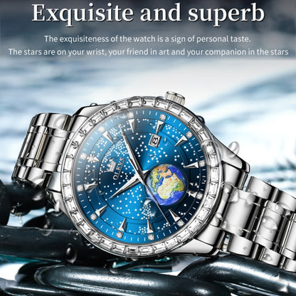 OLEVS 9967 Men Starry Sky Face Diamond Bezel Quartz Watch(Blue Steel Strap) - Leather Strap Watches by OLEVS | Online Shopping UK | buy2fix