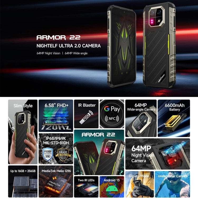 Ulefone Armor 22, 8GB+256GB, IP68/IP69K Rugged Phone, 6.58 inch Android 13 MediaTek Helio G96 Octa Core, Network: 4G, NFC, OTG(All Black) - Ulefone by Ulefone | Online Shopping UK | buy2fix