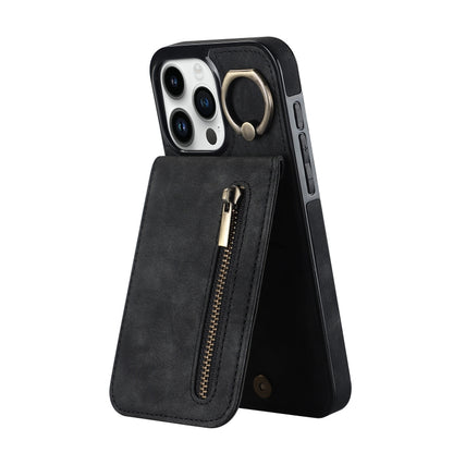 For iPhone 15 Pro Max Retro Ring and Zipper RFID Card Slot Phone Case(Black) - iPhone 15 Pro Max Cases by buy2fix | Online Shopping UK | buy2fix