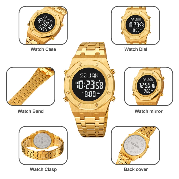 SKMEI 2043 Multifunctional Muslim Worships Compass Digital Wrist Watch(Silver Gold+Black) - Metal Strap Watches by SKMEI | Online Shopping UK | buy2fix