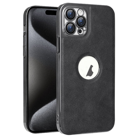 For iPhone 15 Pro Max Electroplated Leather Texture PU + PC Phone Case(Black) - iPhone 15 Pro Max Cases by buy2fix | Online Shopping UK | buy2fix