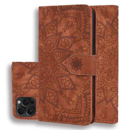 For iPhone 15 Pro Max Mandala Embossed Dual-Fold Calf Leather Phone Case(Brown) - iPhone 15 Pro Max Cases by buy2fix | Online Shopping UK | buy2fix