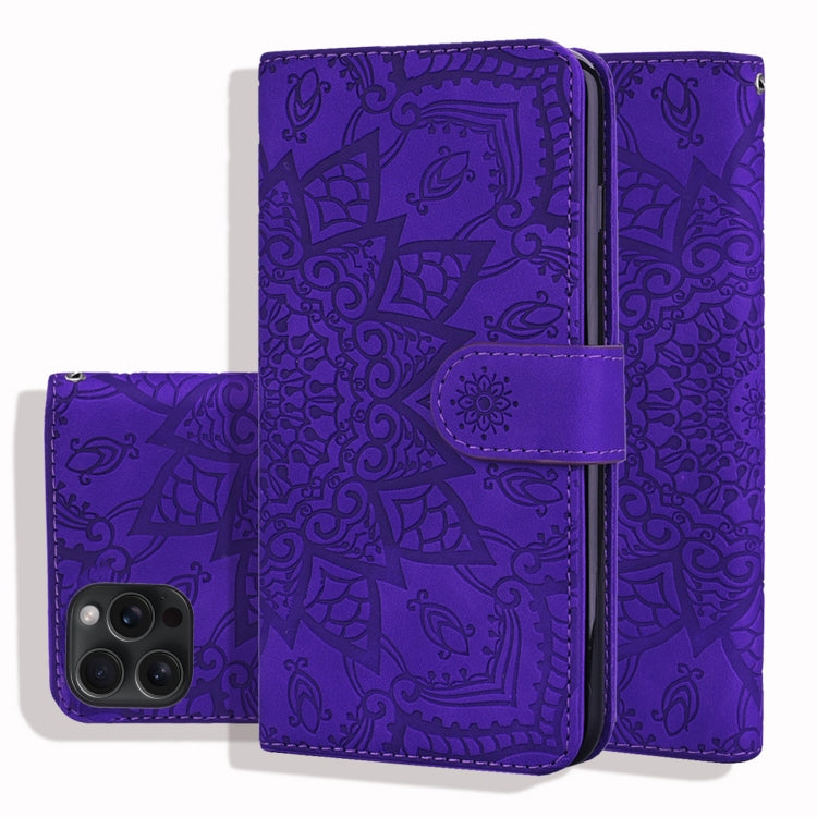 For iPhone 15 Pro Max Mandala Embossed Dual-Fold Calf Leather Phone Case(Purple) - iPhone 15 Pro Max Cases by buy2fix | Online Shopping UK | buy2fix