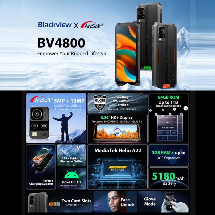 Blackview BV4800, 3GB+64GB, IP68/IP69K/MIL-STD-810H, 6.56 inch Android 13 MediaTek MT6761V/WB Helio A22 Quad Core, Network: 4G, OTG(Green) - Blackview by Blackview | Online Shopping UK | buy2fix