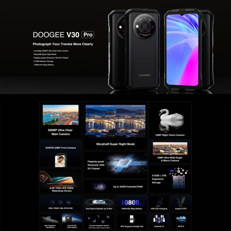 DOOGEE V30 Pro, 12GB+512GB, 200MP Camera, Side Fingerprint, 10800mAh Battery, 6.58 inch Android 13 Dimensity 7050 Octa Core, Network: 5G, OTG, NFC, Support Google Pay(Black) - DOOGEE by DOOGEE | Online Shopping UK | buy2fix