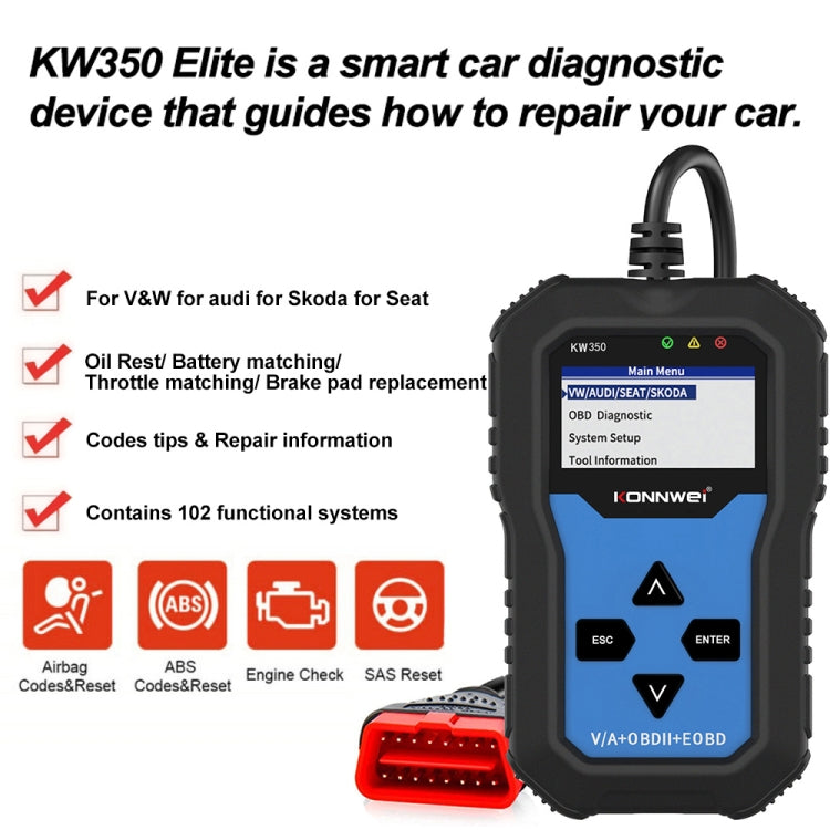 KONNWEI KW350 OBDII 12V Car Diagnostics Detector Scanner with 2 inch Black And White Display Screen V007 for Audi / Volkswagen - Code Readers & Scan Tools by KONNWEI | Online Shopping UK | buy2fix