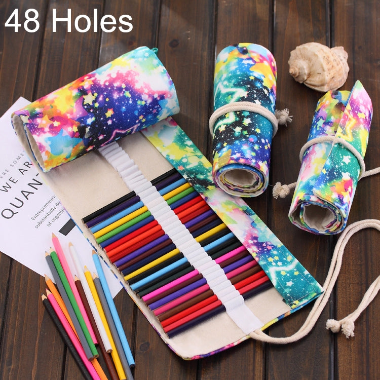 48 Slots Starry Sky Print Pen Bag Canvas Pencil Wrap Curtain Roll Up Pencil Case Stationery Pouch - Home & Garden by buy2fix | Online Shopping UK | buy2fix