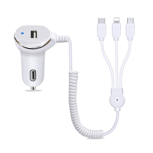 WK WP-C24 3.1A Explore The 3-in-1 Free Edition 8 Pin / Micro USB / USB-C / Type-C Data Cable + USB Car Charger (White) - Car Charger by WK | Online Shopping UK | buy2fix