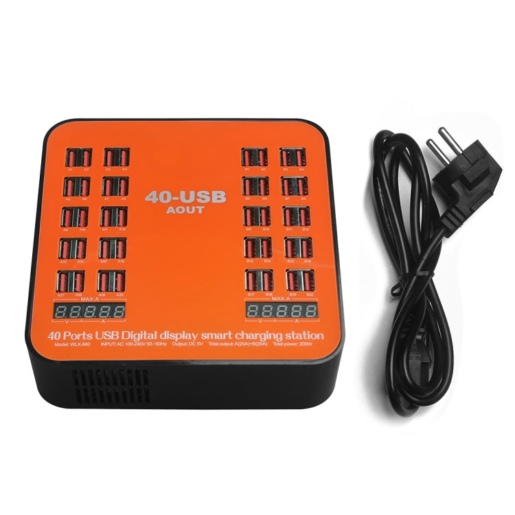 WLX-840 200W 40 Ports USB Digital Display Smart Charging Station AC100-240V, EU Plug (Black+Orange) - Multifunction Charger by buy2fix | Online Shopping UK | buy2fix