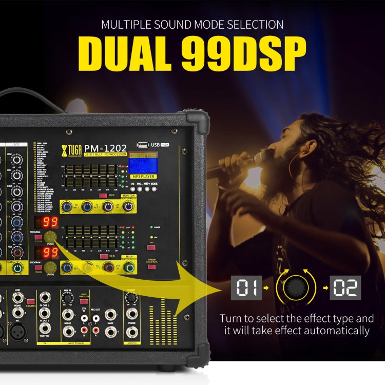 XTUGA PM1202 900W 10 Channel Stage Power Mixer 24Bit Multil-FX Processor Dual 99 DSP Effect DJ Amplifier (US Plug) - Live Sound Effects Processors by XTUGA | Online Shopping UK | buy2fix