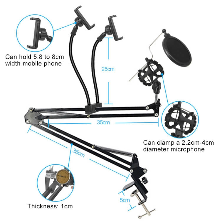 Dual Mobile Phone K Song Bracket 360 Degree Direction Cantilever Multifunctional Lazy Microphone Live Broadcast Bracket - Consumer Electronics by buy2fix | Online Shopping UK | buy2fix