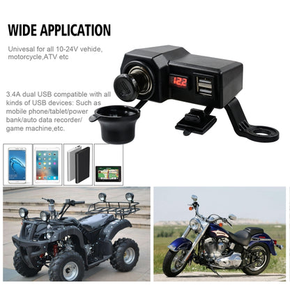 CS-1072B1 Motorcycle Dual USB Charger + Voltmeter with Cigarette Lighter & Cigarette Butts (Black) - Battery Charger by buy2fix | Online Shopping UK | buy2fix